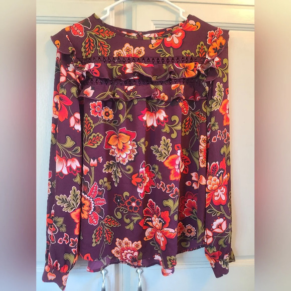 Loft Purple Red Maroon Ruffle Flowy Long Sleeve Blouse - Picture 1 of 6